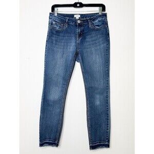 Crown & Ivy Women’s Skinny Jeans Size 6 Frayed Hem Ankle Crop Stretch Blue Denim